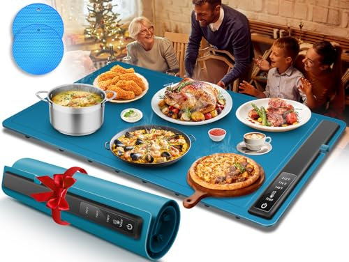 KingSom Chauffe Plat Électrique, Plateau Chauffant avec Température Réglable 60-100°C, Plaque Chauffante Electrique en Silicone Pliable,Verrouillage Enfant,Plateau Chauffant Buffet avec 2 Petits Tapis