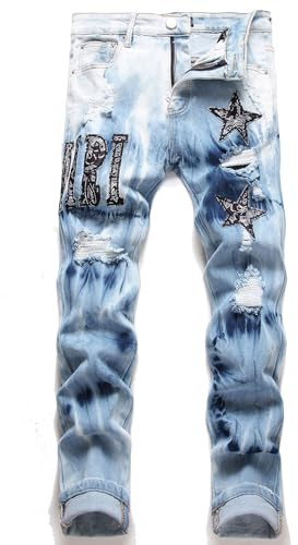 Kdtoll Jeans Uomo Slim Fit Strappati - Pantaloni in Denim Stretch Elasticizzati, Stile Streetwear Y2K Casual, Vita Alta con Ricamo alla Moda per Tutte Le Occasioni