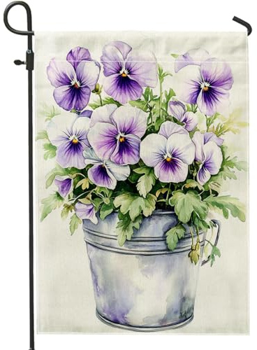 Bandera de jardín de pensamiento violeta de primavera, pancarta floral para decoración del hogar, bandera de patio de tela de doble cara para decoración al aire libre para césped y patio, 12 x 18