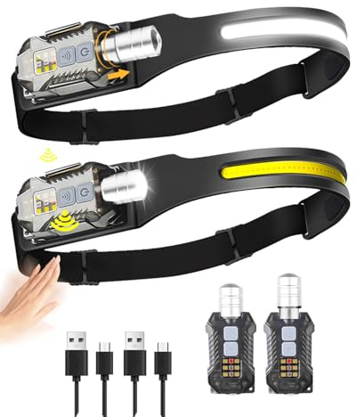 2 pezzi Torcia Frontale LED Ricaricabile con Testa Staccabile, 9 Modalità, Sensore di Movimento, COB 230° ad Ampio Fascio, Spotlight Regolabile, Zoom 25–175m, Ideale per Corsa, Pesca, Campeggio