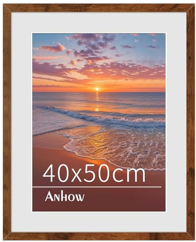 Anhow Marco de Fotos Nogal 40x50 cm, Marcos para Cuadros MDF de Madera con Paspartú para Decoración Hogar, Portaretratos para Fotos con Cristal AcríLico, para Exposición en Pared o Mesa