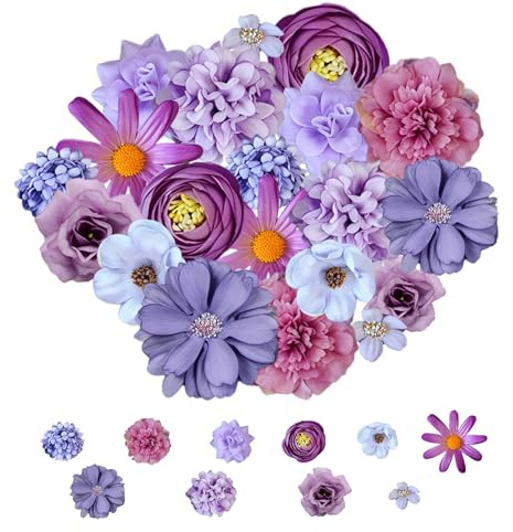 20 Pcs Artificial Flower Heads - Silk Fake Flowers for Cake Decoration and DIY Crafts - 10 Styles Realistic Flower Heads for Gift Wrapping, Hair Accessories, Weddings, Home and Party Decor (Purple)