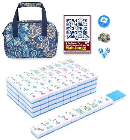 Kyerlish American Mahjong Tile Set with Printed Handbag, 166 Premium Blue Tile and Accessories, Portable and Stylish Mahjong Set, Mahjong Game Set for Travel, Gifts（Blue, No Racks）