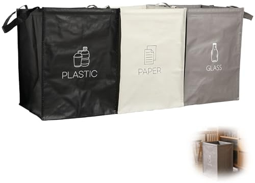 NCCHDZSW Sistema di separazione rifiuti a 3 scomparti per riciclaggio carta organizer sacchetti vetro plastica sistema di riciclaggio sacchetti con stabilizzatori cestini riutilizzabili per interni ed