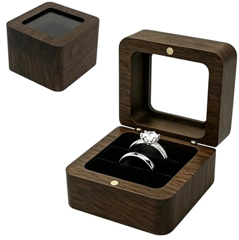 Scatola portaanelli matrimonio, scatola quadrata in legno di noce con finestra trasparente e rivestimento in velluto nero, doppio slot per fedi nuziali e anelli di fidanzamento, elegante porta anelli
