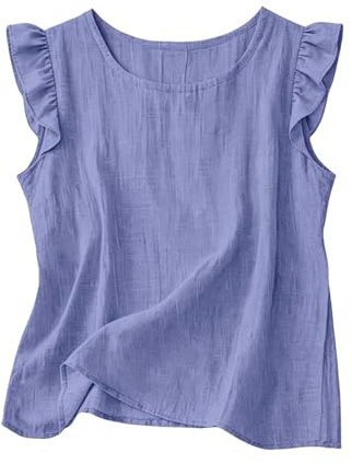 Maglietta Bianca Donna - Top Donna Estivo in Cotone e Lino, Blusa Senza Maniche Tinta Unita con Volant, Girocollo Casual, Canotta Leggera per Vacanza Ufficio Spiaggia Tempo Libero