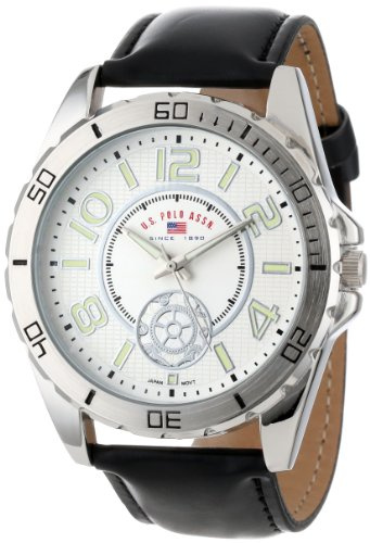 U.S. Polo Assn. Men's Analog Watch – White Textured Dial with Black PU Leather Strap and Luminous Hour Markers – Sleek, Durable, and Adjustable Fit for Wrists 5.5 to 8