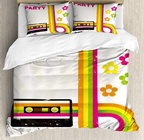 Ambesonne 70s Party Duvet Cover Set, Party Flyer Inspired and Curved Stripes with Daisies Audio Cassette Tape, Decorative 3 Piece Bedding Set with 2 Pillow Shams, Queen Size, Multicolor