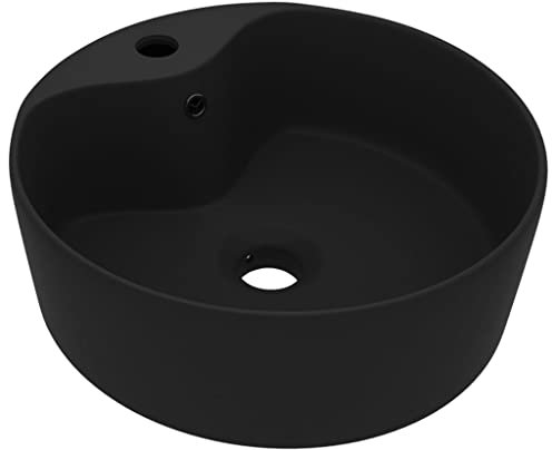 vidaXL Lavabo Lujoso con Rebosadero Tocador Montado Encima Piedra Vasija Aseo Indoro Cocina Garaje Fácil de Limpiar Cerámica Negro Mate 36x13 cm
