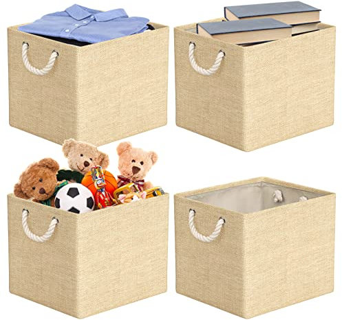 RIWNNI Set di 4 Scatole Portaoggetti, 33 x 38 x 33 cm, Cestini Portaoggetti in Tessuto, Cesto Portaoggetti Pieghevoli con Manici, Contenitori Portaoggetti per Giocattoli, Vestiti, Libri, Beige
