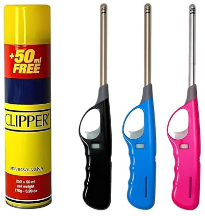UR CHOICE Refillable Long Reach Gas Lighters, 3 Pack + Clipper Gas | 3 refillable long reach gas lighters with Clipper gas refill; ideal for candles, BBQs, cookers, fireplaces and camping.