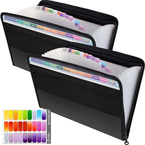Thimmamma 2 Stück A4 erweiterbare Ordner, 13 Akkordeon-Taschen mit Reißverschluss, tragbare schwarze Geldbörse zur Dokumentenaufbewahrung mit farbigen Etiketten für Büro und