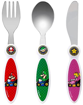 Mario Kart - Cubertería infantil (3 piezas, cuchillo, tenedor y cuchara)