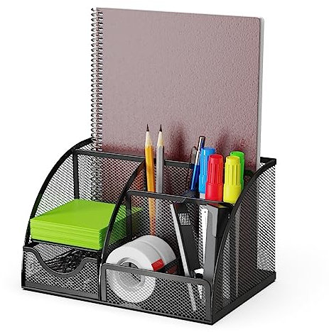 Organizador de Escritorio y Portalapices con Cajón y 6 Compartimentos de Malla Metálica Negro. Organizador Escritorio Ahorra Espacio para Bolígrafos, Lapiceros, Notas Adhesivas, Clips y Grapadoras