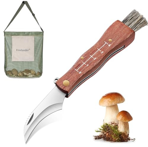 Freelander Couteau à champignons avec brosse et sac, couteau de poche pliant outdoor avec manche en bois, set de couteaux à champignons cadeau pour les cueilleurs de champignons