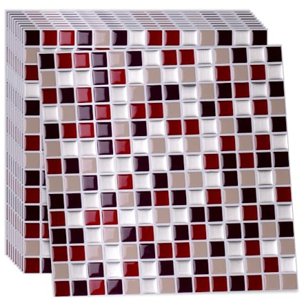 Alwayspon 10 Sheets 12x12 Wine Red 3D Mosaic Vinyl Backsplash Tiles, Self-Adhesive Peel and Stick Subway Tile Stickers Stick on Wall Tiles for Kitchen Bathroom Decor