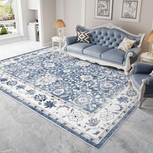 IKALIFE Teppich Wohnzimmer Vintage Waschbar - Kurzflor Waschbarer Teppich 160 x 220 cm Blau