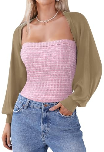 Totatuit Bolero Cárdigan corto festivo para mujer Cárdigan elegante con frente abierto Bolero Manga larga Chaqueta ligera Boleros Chaqueta bolero camello M