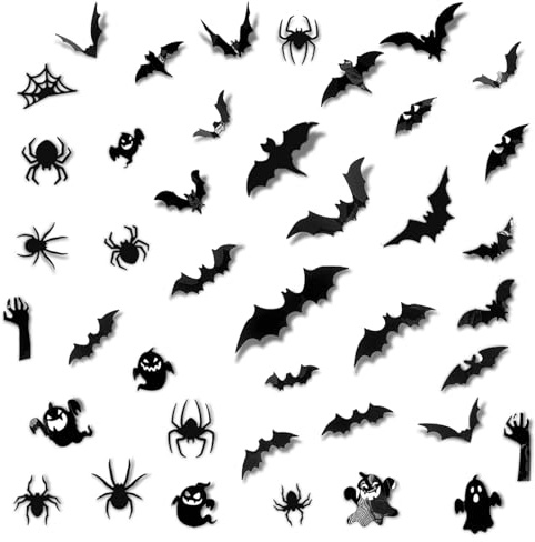 KASESSS 41 Stück Halloween Fledermäuse Deko, 3D Halloween Wandaufkleber, 4 Stile Wasserdicht PVC Halloween Party Deko, Gruseliges Schwarz Halloween Deko Outdoor Innen für Wand Tür Fensterdeko
