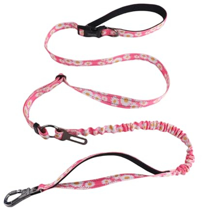Olahibi Hands Free Dog Leash, No Pull Bungee Dog Running Waist Leash, with Car Seat Belt, Reflective Stripes, Heavy Duty for Medium and Large Dogs. (Daisy Pink, Large)