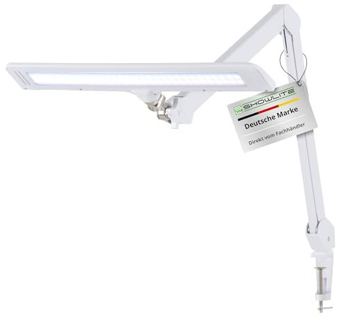 Lámpara de Trabajo Showlite AL-6012 LED regulable con pinza y articulación esférica, 4 niveles de brillo, luz diurna, ideal para oficina, taller o monitor. Color blanco.