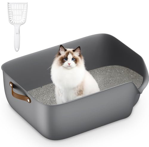 Katzenklo Groß - Offene Katzentoilette mit Ledergriff & Gratis Katzenstreuschaufel, Leicht zu Reinigen & Langlebiges Design, Grau