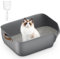 Open Top Large Cat Litter Tray, Litter Box 22.5cm High Sided Litter Pan, Low Entry Cat Tray with Leather Side Handle & Free Litter Scoop, Grey