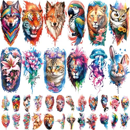 77 Sheets Watercolor Animal Temporary Tattoos for Women Kids, Animal Lion Tiger Wolf Cat Owl Parrot Flower Fake Tattoos for Festival Wedding Party Cosplay, Realistic Temporary Tattoo