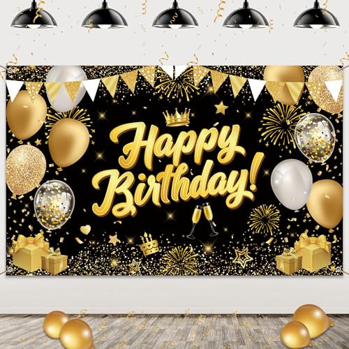 Happy Birthday Banner für Frauen Männer – Geburtstagsdeko Schwarz Gold Geburtstagsbanner Fotografie Backdrop Poster, Extra Großes Hintergrund für Mädchen Jungen Geburtstag 110 × 180cm