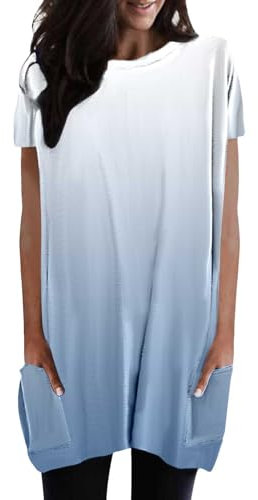 Longshirt Damen Oversized Sommer Tshirt Kurzarm Rundhals mit Tasche Lang Tunika T Shirt Longtops Einfarbig Elegant Longbluse Damen Lässige für Leggings Locker Pullover