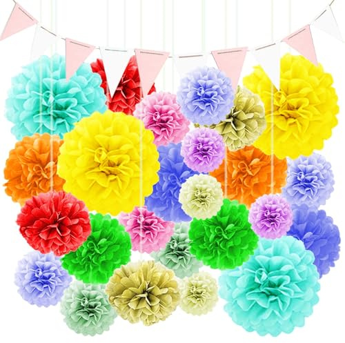 34PCS Addobbi Compleanno TREABEAR, Decorazioni Compleanno Fiori Di Carta, Addobbi Carnevale Gagliardetto, Pon Pon Colorati Carta Velina, Decorazioni Tavolo Compleanno Fiori Di Carta Per Decorazioni