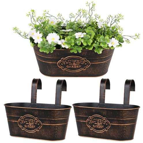 BOOMTOP 2pcs Metall Blumentopf Hängend Vintage Blumentöfpe mit Abnehmbar Haken Hängetöpfe für Pflanzen Blumen Hängetopf zum Aufhängen für Balkon Garten Wand Innen Außen Antik Schwarz 27x14,5x12cm