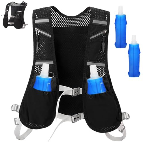 Chaleco Hidratacion Hombre Mujer, Chaleco Running Ligero con 2 Soft Flask 500ml, Reflectante Mochila Hidratacion Trail, Mochila Ajustable Running, para Senderismo Maratón Escalada Ciclismo