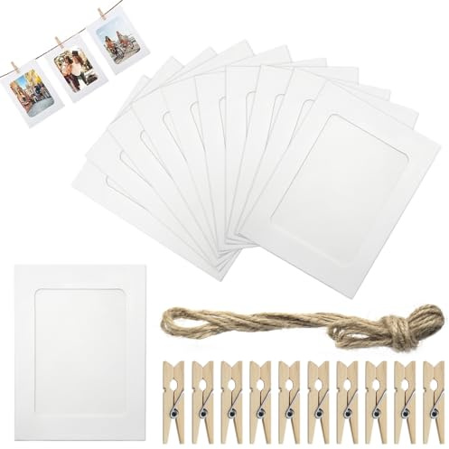 lyualma 40 Pièces Cadres Photo en Papier 11,5x15,5 cm Photo Carton 40 Pièces Clips en Bois et 4 Cordes de 2 Mètres pour DIY Décoration Murale Fête Anniversaire(Blanc)
