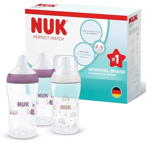 NUK Perfect Match Baby Bottle | 3+ Months | 260ml | Anti Colic Feeding Bottle | PP | Temperature Control Indicator | Hippo | 3 Count