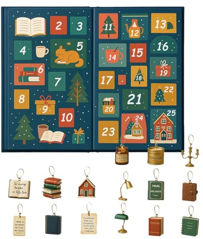 The Book Lovers Calendrier de l'Avent 2025, calendrier de Noël de 25 jours pour les amateurs de livres, ornement de livre, compte à rebours pour décorations de Noël, bureau, étagères, mur 26 x 18 cm