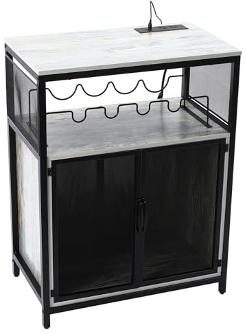 Deurqund Wine Bar Cabinet, Industrial Coffee Bar Cabinet with RGB Lights, Kitchen Storage Drinks Storage Display, Dark Brown Vintage Wine Rack, 60x35x80cm Freestanding Bar Table for Home Bar