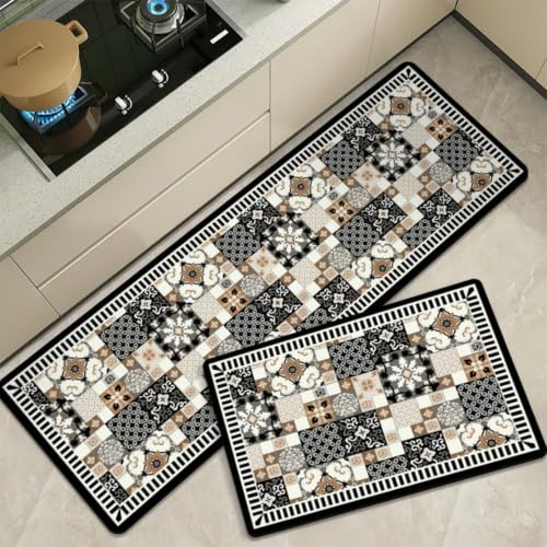 Alfombra Cocina 50X80Cm Negro Marrón Alfombra Vinilica Cocina Cuero,Modernas Lavable Antideslizante Anti Fatiga para Pasillo, Comedor,Hogar Alfombrilla Cocina