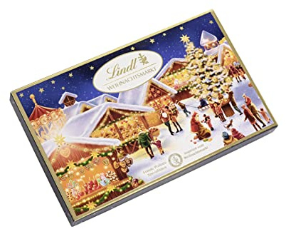 Lindt Weihnachts-Markt Pralinés | 130g mit 12 festlichen Pralinen in 3 Sorten | Teilweise alkoholhaltige Premium-Pralinen | Edles Schokoladengeschenk zu Weihnachten | Exklusives Pralinen-Geschenk