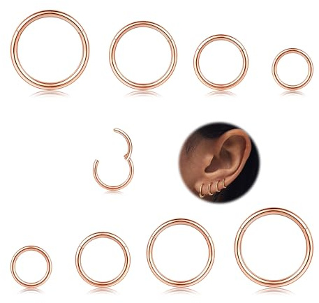 Milacolato 8Pcs 16G Acciaio Chirurgico Incernierato Clicker Segmento Anelli Nostril Hoop Helix Cartilagine Daith Ohr Tragus Sleeper Orecchini Corpo Piercing 6-12MM Oro Rosa