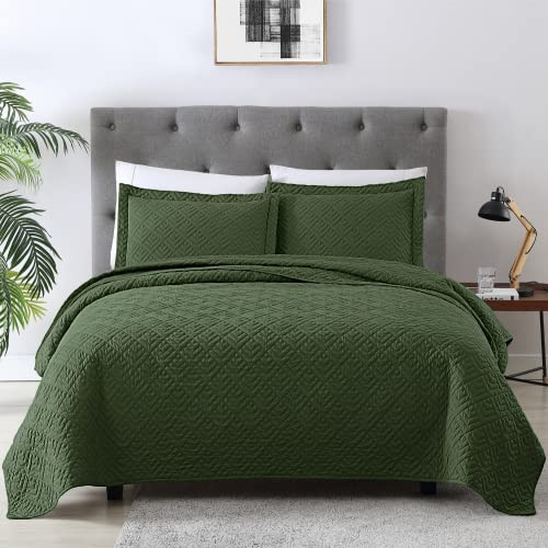 EXQ Home Quilt Set Queen Size Summer Squares Pattern Olive Green Bedspread