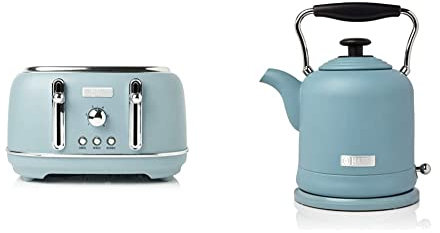 Haden Highclere 4 Slice Toaster with Reheat and Defrost Functions, Blue & 3000W Highclere Cordless Kettle, 1.5 Litre Capacity, Blue