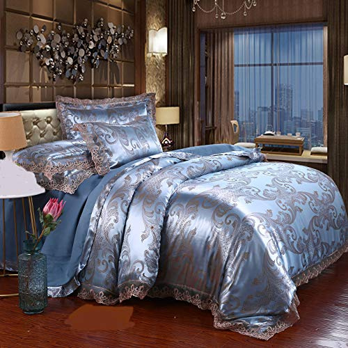 Beyeutao Lace Jacquard Duvet Cover Double Jacquard Bedding Set Blue Satin Duvet Cover Paisley Damask Design Fabric 3 Piece Bedding Set Duvet Cover Set with Pillowcases.