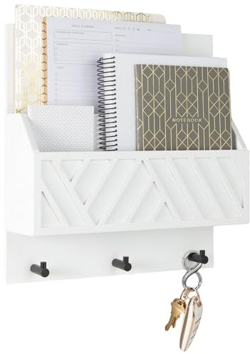 BLU MONACO | Wall Mount Key Holder with Mail Organizer | Wooden Command Center with 3 Hooks and 2-Tier Letter Pockets | Entryway Mail Sorter & Key Rack | White Geometric Wall Organizer for Office Home