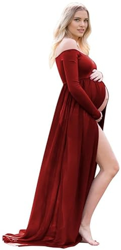 LAEMILIA Robe Grossesse Shooting Photo Vêtement de Maternité Photographie Robe Baby Shower Femme Enceinte Manches Longues Epaule Dénudée Tenue Photoshoot Séances Photo Taille Unique