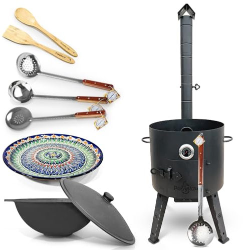 Horno de fuego Ø 44 cm Termómetro de hierro fundido Kazan 16 L Ø 46,5 cm de fondo plano Lagan Ø 37 cm espumadera 64 cm 2 espumadera 48 cm cucharón 48 cm cuchara de bambú espátula de bambú 35 cm Asia