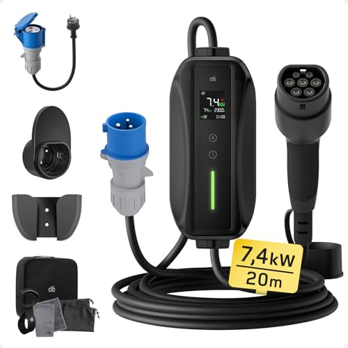 dé Cavo Ricarica Auto Elettrica Tipo 2 CEE 7,4kW [Monofase| 20m| 6-32A] Caricatore Auto Elettrica Tipo 2 con Adattatore Schuko, con LCD Controllo Digitale Compatibile con Model Y/3 e Altri EV/PHEV