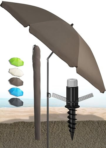Menz SET Sonnenschirm Strand - Strandschirm mit Bodenhülse & Schutzhülle, Strandschirm UV-Schutz 50+, Strandschirm windfest stabil Ø 180 cm, Fb. Taupe