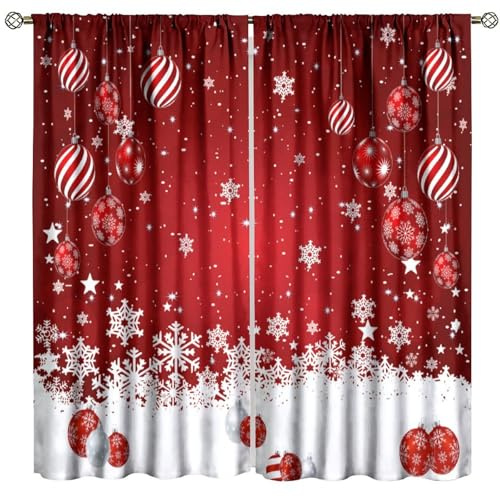 Djaby Christmas Window Curtains, Red Xmas Ornaments Floral Snowflake Winter Curtains for Bedroom Living Room Home 42 W X 45 L(No Blackout)