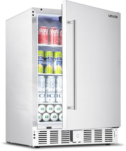 VEVOR 24-Inch Indoor/Outdoor Beverage Refrigerator, 150 QT Freestanding or Undercounter Beverage Fridge, 180 Cans Built-in Beer Fridge with Stainless Steel Body for Residential Home Bar Commercial Use